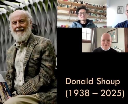 Portrait of Donald Shoup on the left with a screen capture of the 3 panelists (host of MIT Mobility Forum, Brian Taylor, and author Daniel Heiss) during their panel discussion on recent episode of the MIT Mobility Forum.