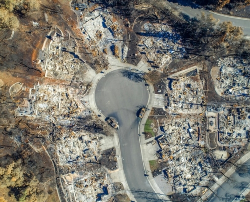 Neighborhood destroyed by wildfire.