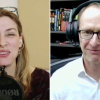 Split screen of host Kara of the It Turns Out Podcast with Mike Manville in headphones doing the interview on an episode of the podcast
