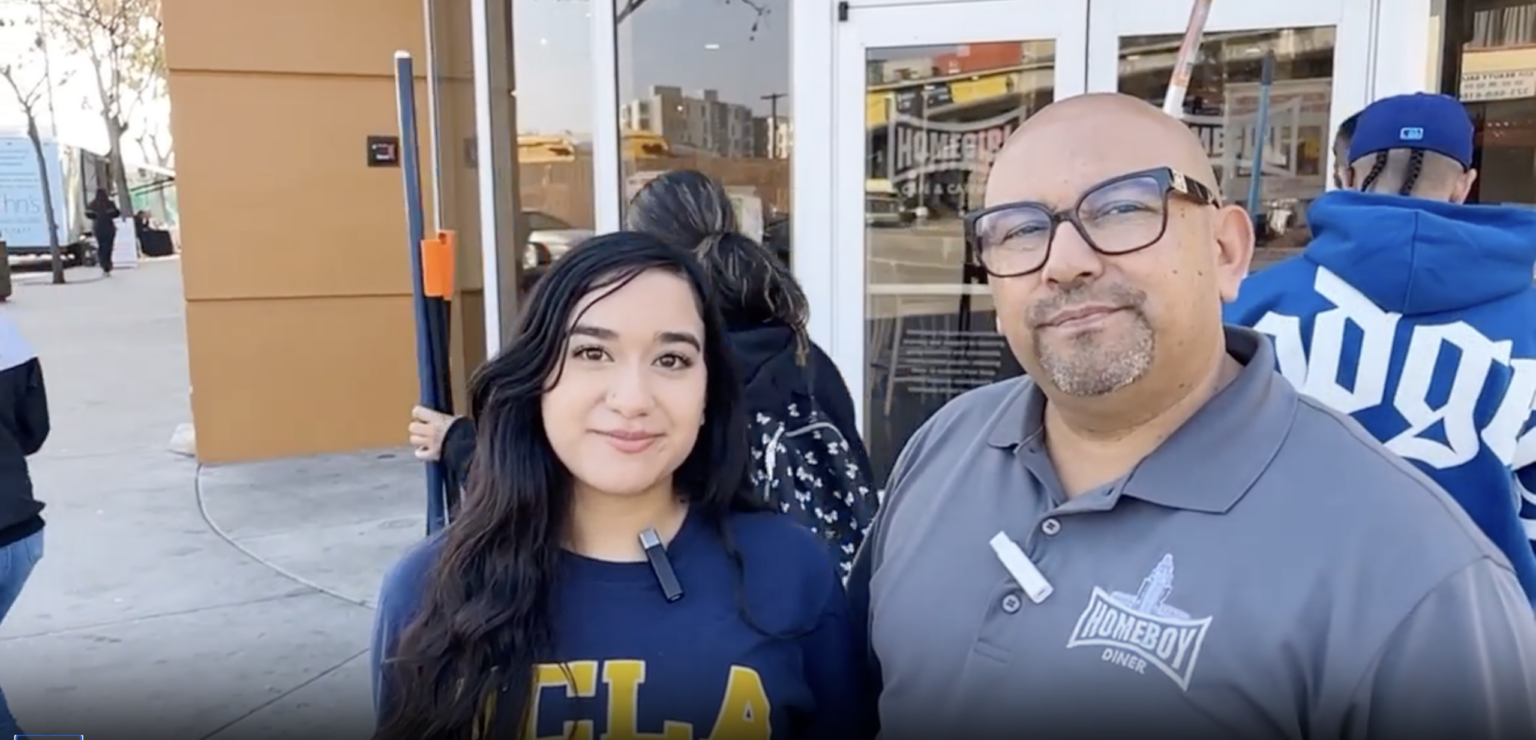 UCLA student Cianna and her father Cesar Ulloa stand in front of Homeboy Industries.|Old family photo of UCLA student Cianna and her father Cesar Ulloa former gang-member. They both went through programs at Homeboy Industries.|