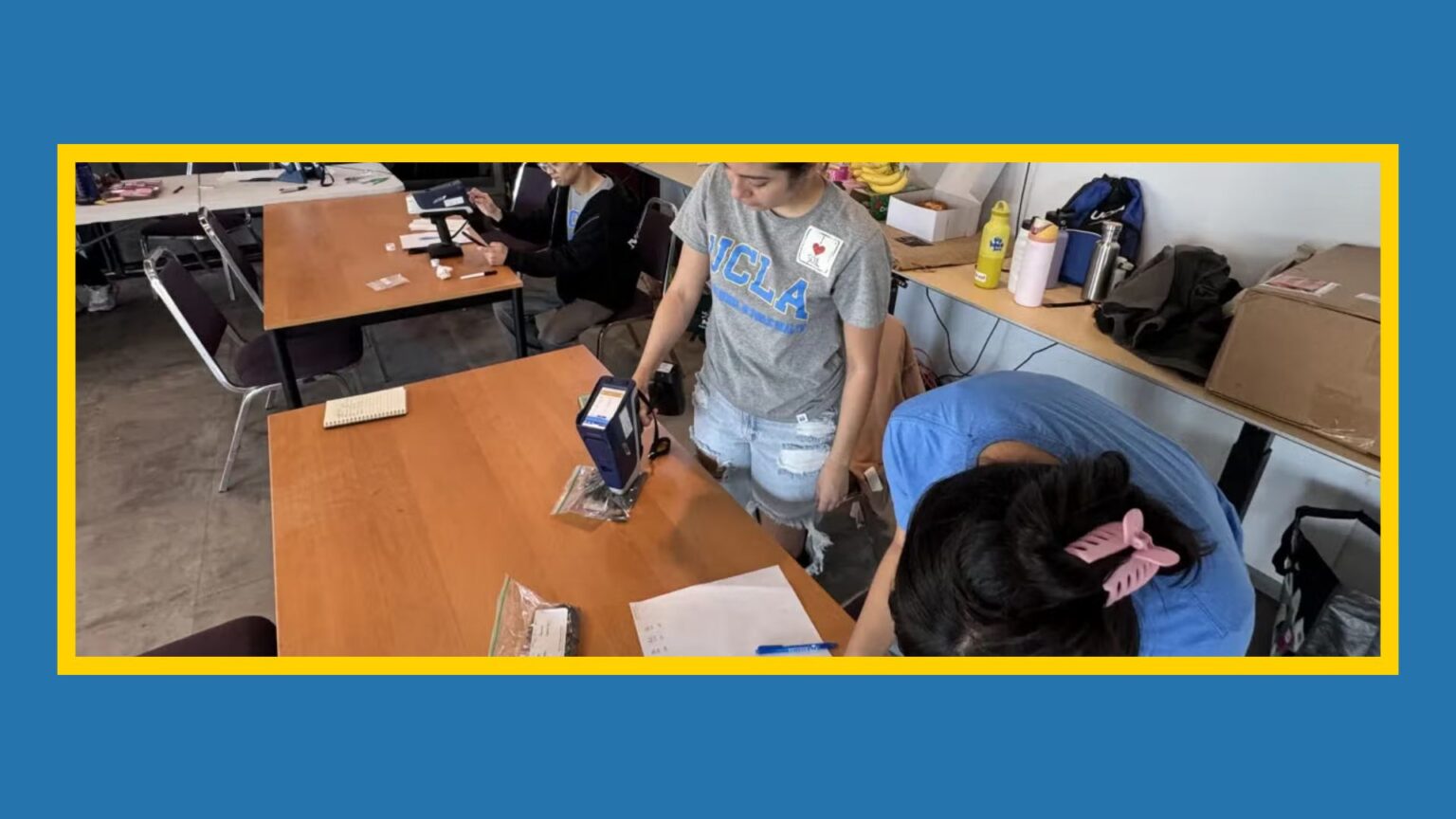 UCLA Fielding School of Public Health students (LtoR), Steve Jang, Amelia Najar, and Samantha Venegas, helped screen more than 100 soil samples at the March 7, 2026 event in Los Angeles' Watts neighborhood.
