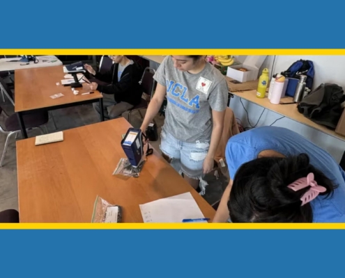 UCLA Fielding School of Public Health students (LtoR), Steve Jang, Amelia Najar, and Samantha Venegas, helped screen more than 100 soil samples at the March 7, 2026 event in Los Angeles' Watts neighborhood.