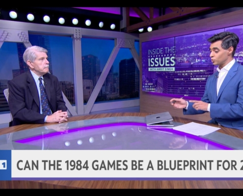 Zev Yaroslavsky apearing on “Inside the Issues“ news segment with Amrit Singh on Spectrum News 1. They sit across from each other on the tv news set.