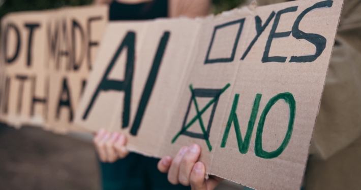 protest signs in opposition to artificial intelligence