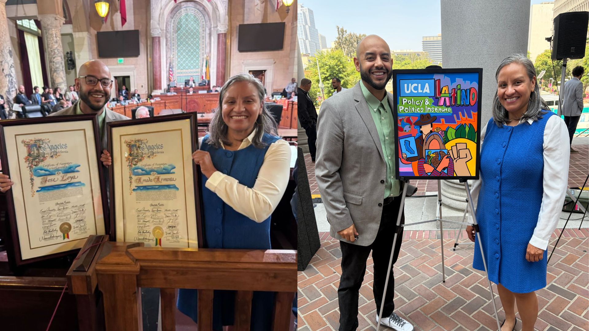 Two photos next to each other, on the left is Jose Loya and Amada Armenta holding up their "Impactful Chicanos" awards inside City Hall, the photo on the right is of Jose and Amada standing next to a framed illustration of UCLA Latino Policy and Politics Institute.