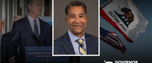 Darkened photo of Governor Gavin Newsom on the left and another darkened photo of the flags of California and United States of America on the right, overlay by a headshot of Michael Stoll in the center.