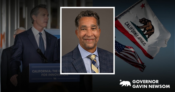 Darkened photo of Governor Gavin Newsom on the left and another darkened photo of the flags of California and United States of America on the right, overlay by a headshot of Michael Stoll in the center.