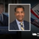 Darkened photo of Governor Gavin Newsom on the left and another darkened photo of the flags of California and United States of America on the right, overlay by a headshot of Michael Stoll in the center.