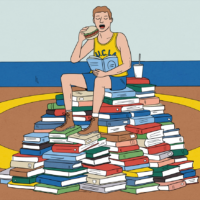 A cartoon man sits on top of a pile of books in his UCLA boxing uniform, symbolizing UCLA alumni Meyer Luskin.