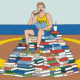 A cartoon man sits on top of a pile of books in his UCLA boxing uniform, symbolizing UCLA alumni Meyer Luskin.