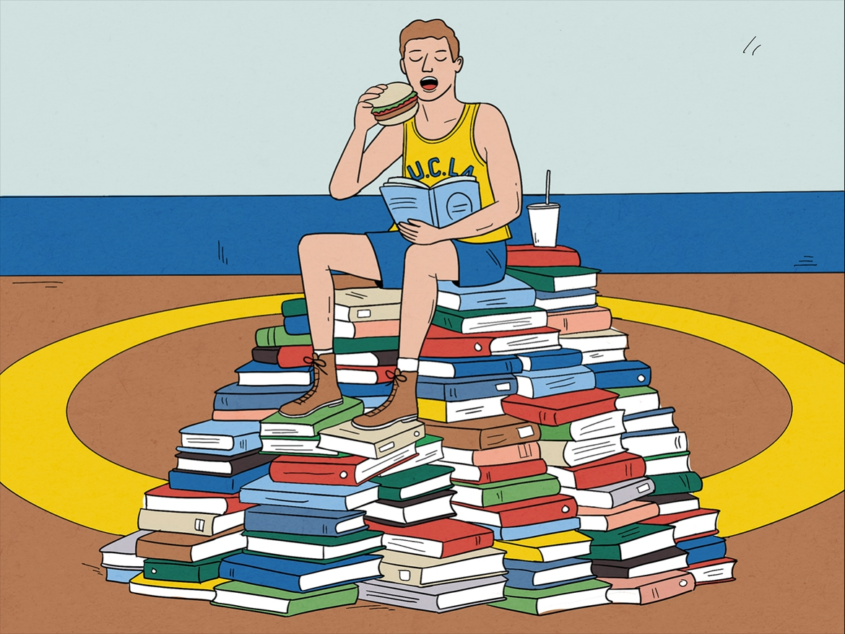 A cartoon man sits on top of a pile of books in his UCLA boxing uniform, symbolizing UCLA alumni Meyer Luskin.