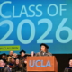 Caroline Menjivar speaks on stage at UCLA Luskin Commencement ceremonies on June 12, 2026. She is a California State Senator and a prominent alumna of the UCLA Luskin School of Public Affairs, having earned her Master of Social Welfare (MSW) in 2018.