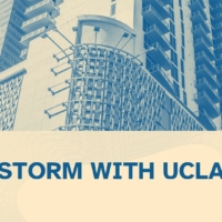 Canva image with blue and sandy colors showing the corner of a skyscraper.