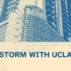 Canva image with blue and sandy colors showing the corner of a skyscraper.
