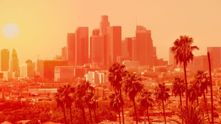 Photo of Los Angeles downtown with palm trees on an extremely hot day, the photo is in a bright orange filter to indicate heat levels|Image of air conditioner.