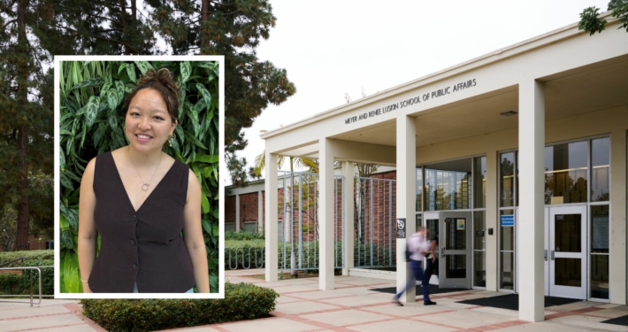 Headshot of public affairs major Sophia Wang on the left over a landscape photo of the Luskin School of public affairs building at UCLA