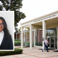 Headshot of UCLA student Tristhan Lim over a landscape shot of the public affairs building at UCLA.