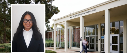 Headshot of UCLA student Tristhan Lim over a landscape shot of the public affairs building at UCLA.