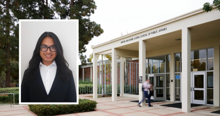 Headshot of UCLA student Tristhan Lim over a landscape shot of the public affairs building at UCLA.