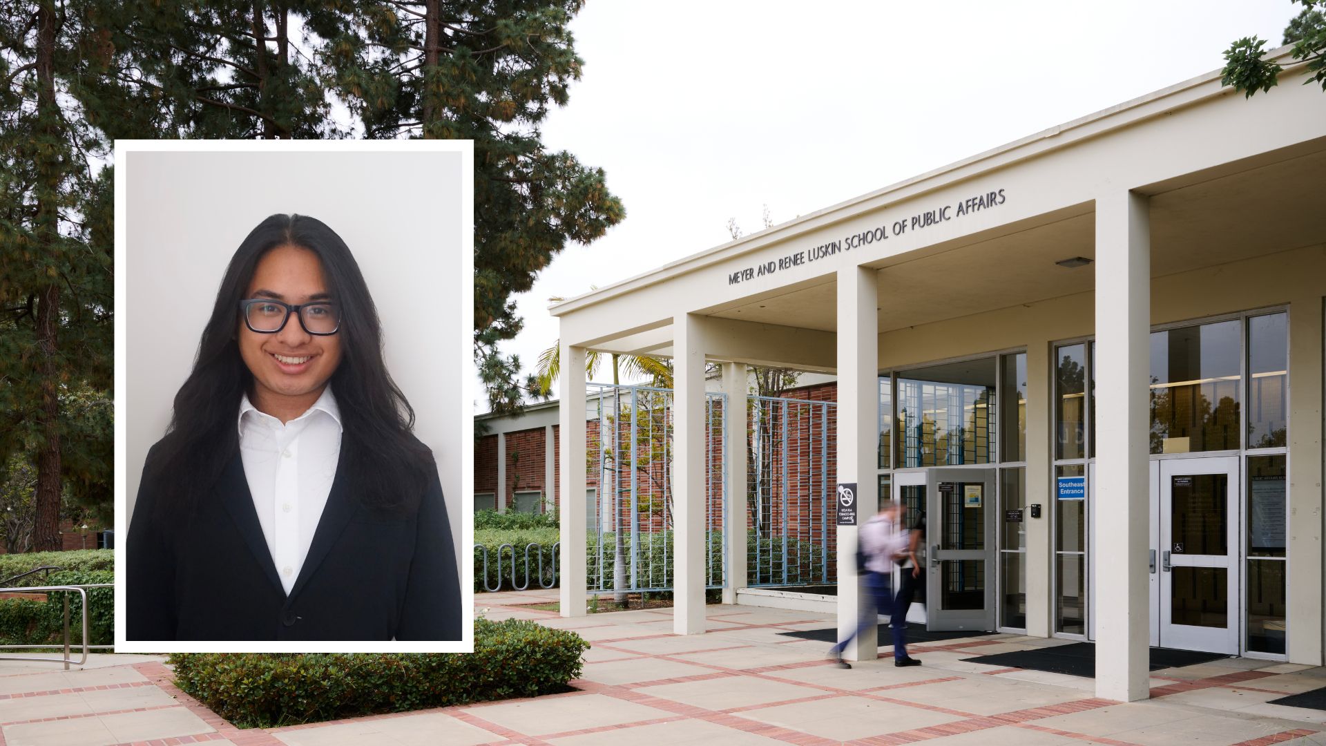 Headshot of UCLA student Tristhan Lim over a landscape shot of the public affairs building at UCLA.