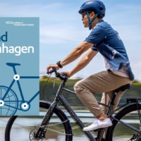 A man with a helmet riding a bicycle, motion shot with the cover of the journal yond Copenhagen: Walking & cycling success stories from cities worldwide on the left overlay the photograph