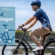 A man with a helmet riding a bicycle, motion shot with the cover of the journal yond Copenhagen: Walking & cycling success stories from cities worldwide on the left overlay the photograph