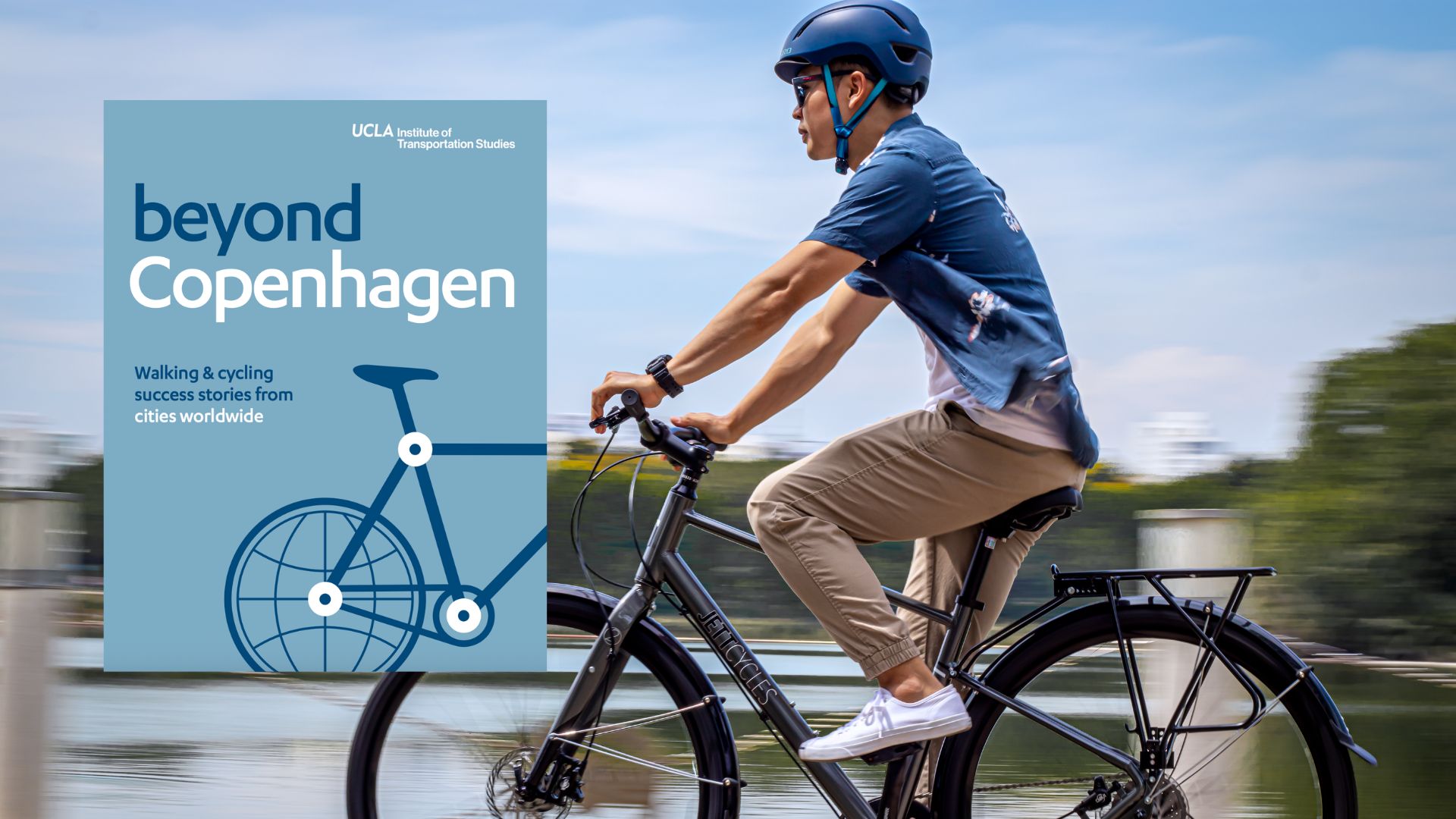 A man with a helmet riding a bicycle, motion shot with the cover of the journal yond Copenhagen: Walking & cycling success stories from cities worldwide on the left overlay the photograph