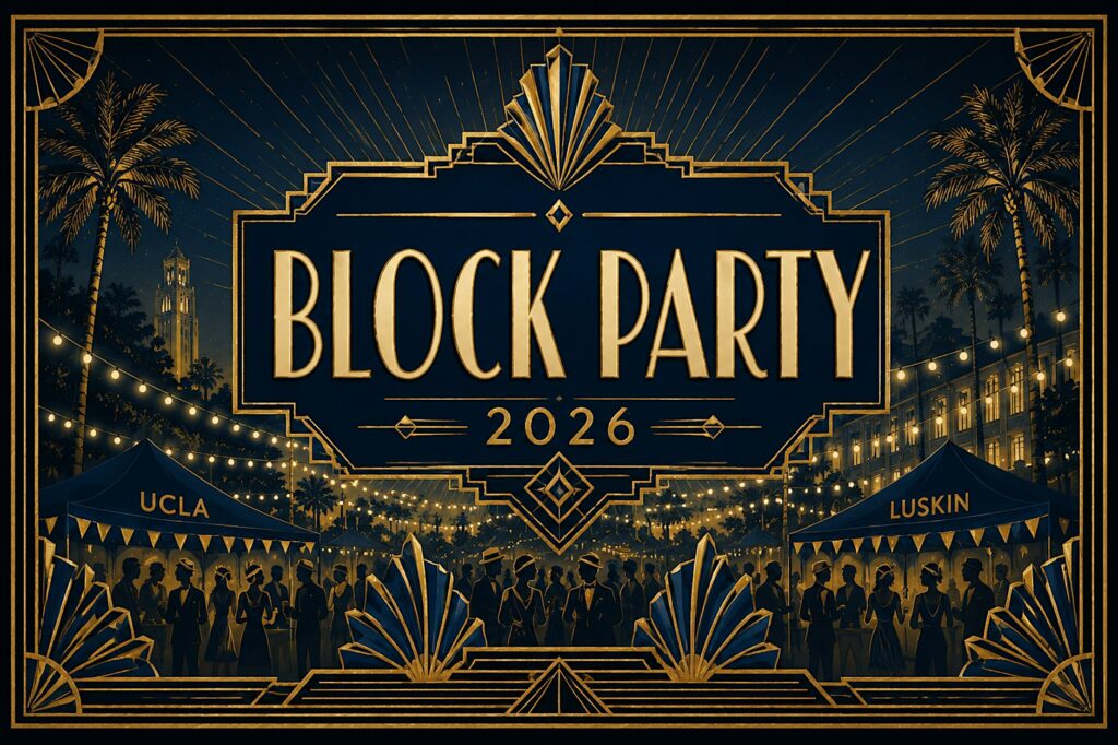 Block Party artwork in gold and black in art deco style