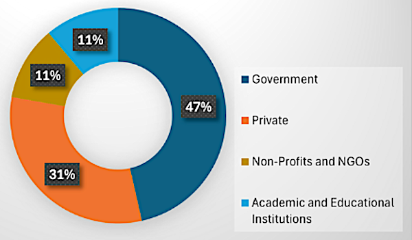 chart showing sector share: Private 31%, Nonprofits and NGOs 11%, Government 47%, Academic and Educational Institutions 11%