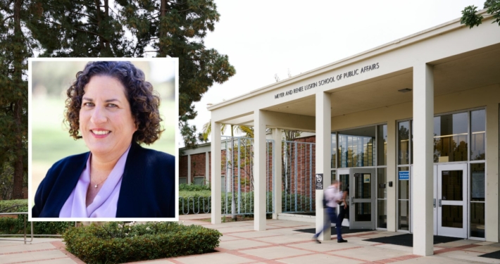 Headshot of Kim Rutledge MSW 11 on the left over a campus shot of the Luskin School of Public Affairs building.