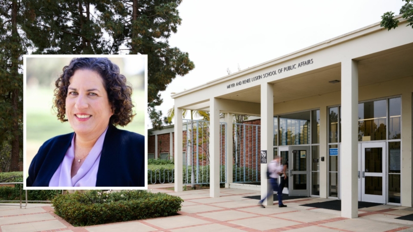 Headshot of Kim Rutledge MSW 11 on the left over a campus shot of the Luskin School of Public Affairs building.