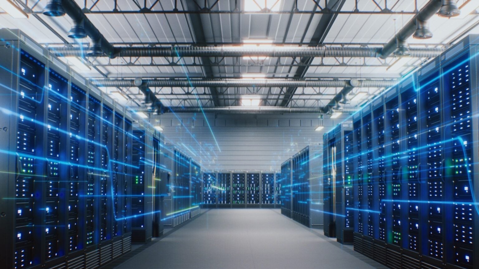 Interior of data technology center with servers and flashing lights