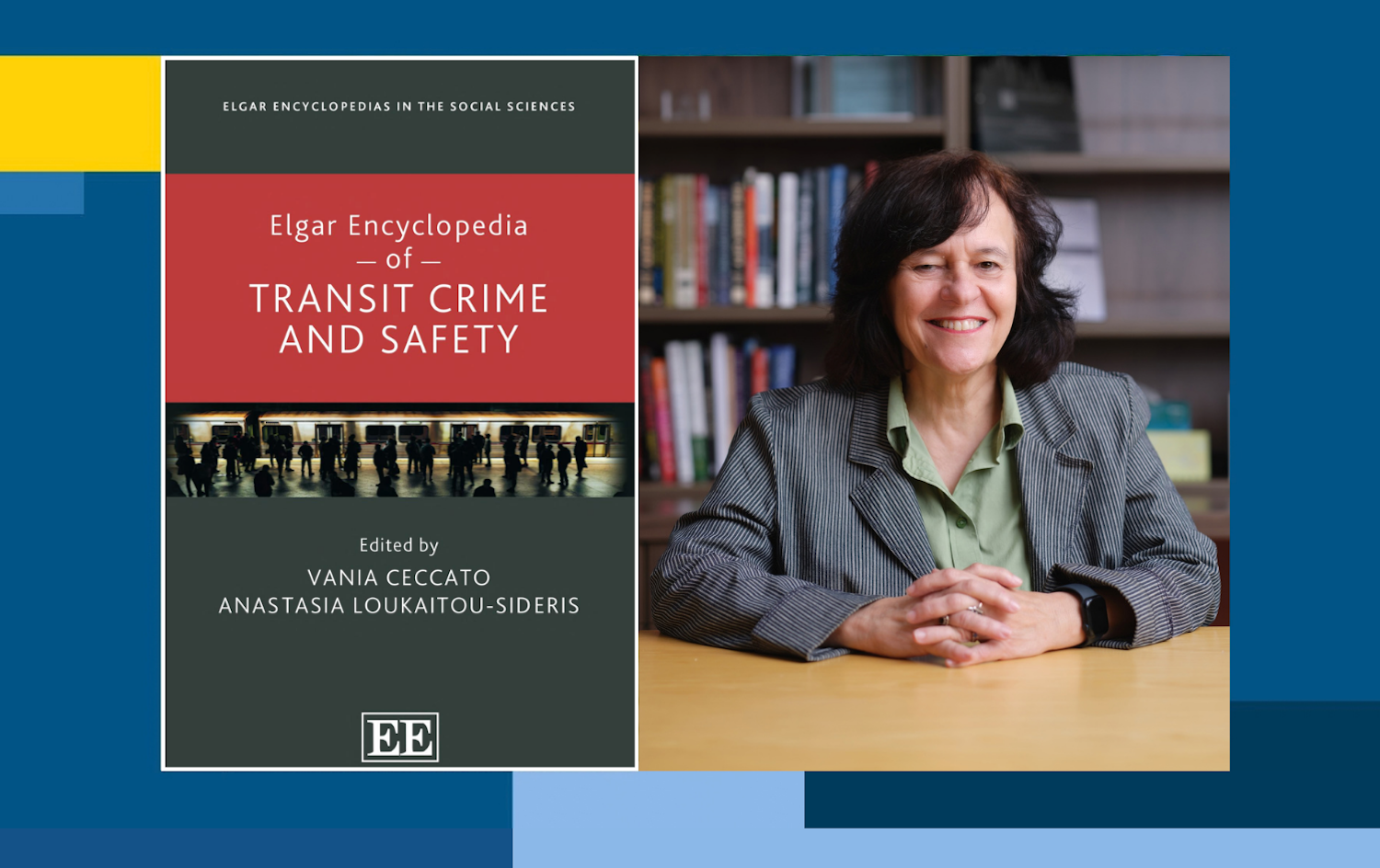 book cover on left, photo of woman with dark hair wearing jacket on right