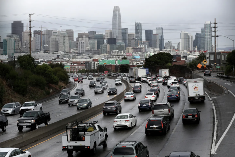 Congested freeway heading into city