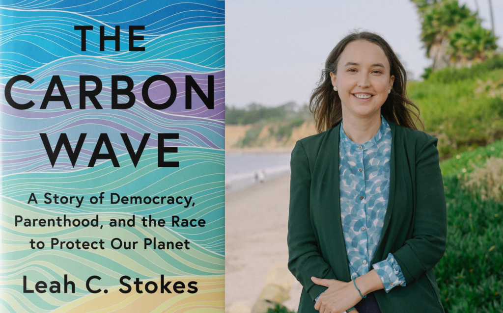 The Carbon Wave book cover beside a photo of author Leah C. Stokes smiling outdoors near a beach