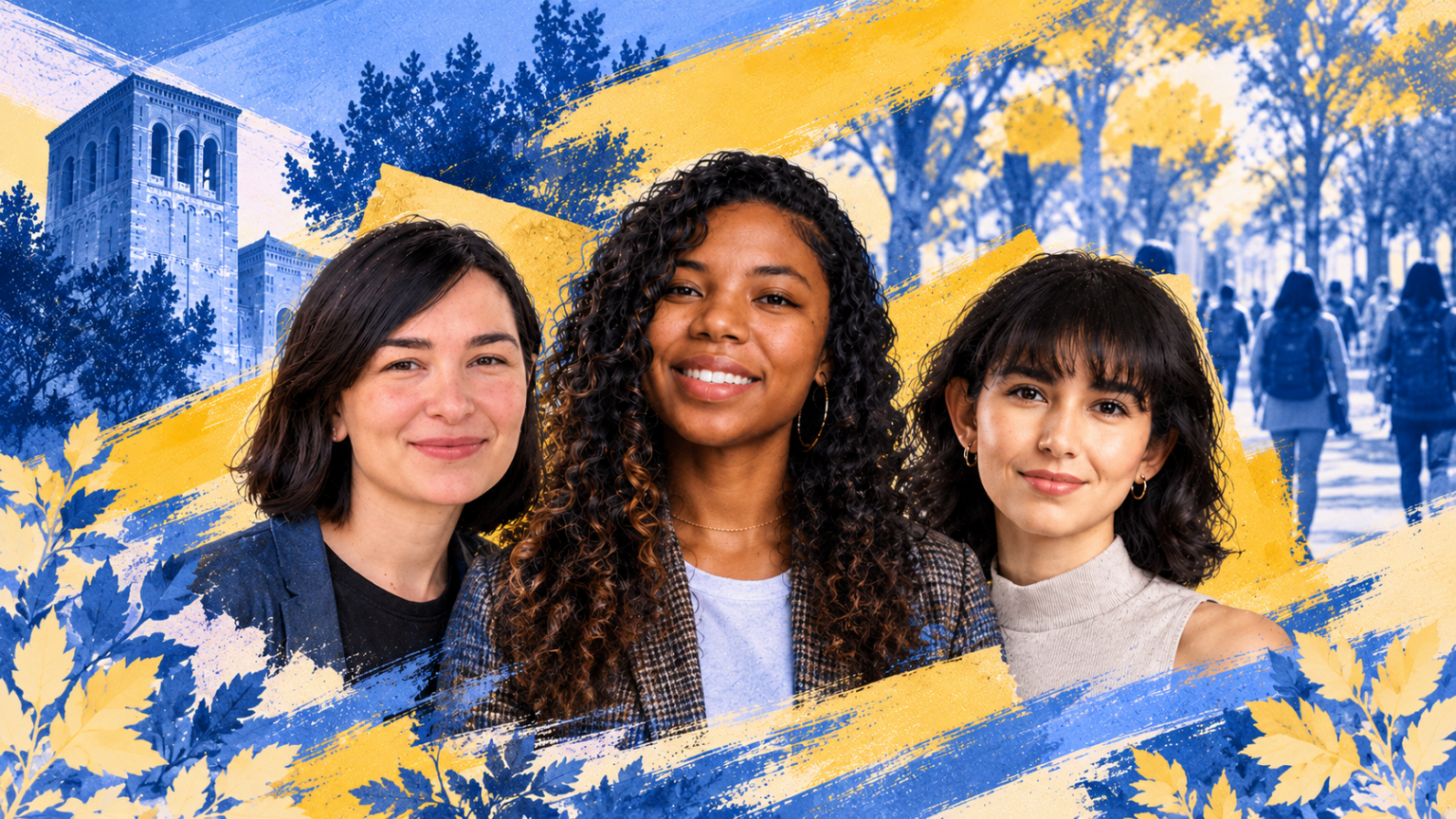 Illustrated collage featuring UCLA Luskin alumni Selene Betancourt, Victoria Copeland and Sara Wilf, from left to right, against a UCLA campus backdrop with blue and gold brushstrokes, highlighting their advocacy for stronger protections against technology-facilitated sexual harassment.