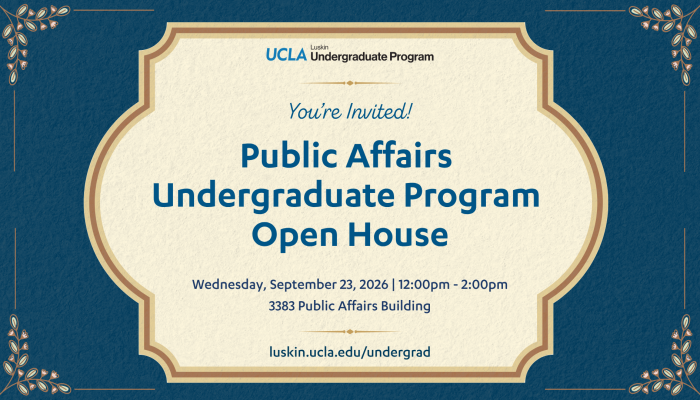 Public Affairs Undergraduate Program Open House text written on top of a blue and khaki background