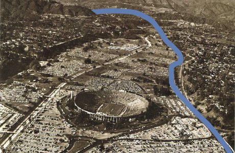 a blue line shows route of proposed 210 freeway passing closer to the Rose Bowl than it was actually built