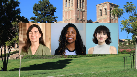 3 alumni headshots in front of the ucla campus shot