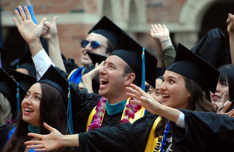 Graduates celebrate outside Royce Hall, site of the UCLA Luskin School 2018 commencement. Photo by Kaylee Paul