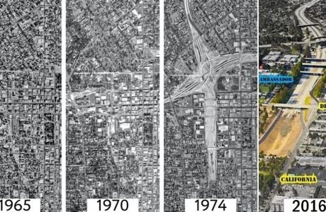 four aerial views of land from 1965 to 2016 showing demolition of neighborhood