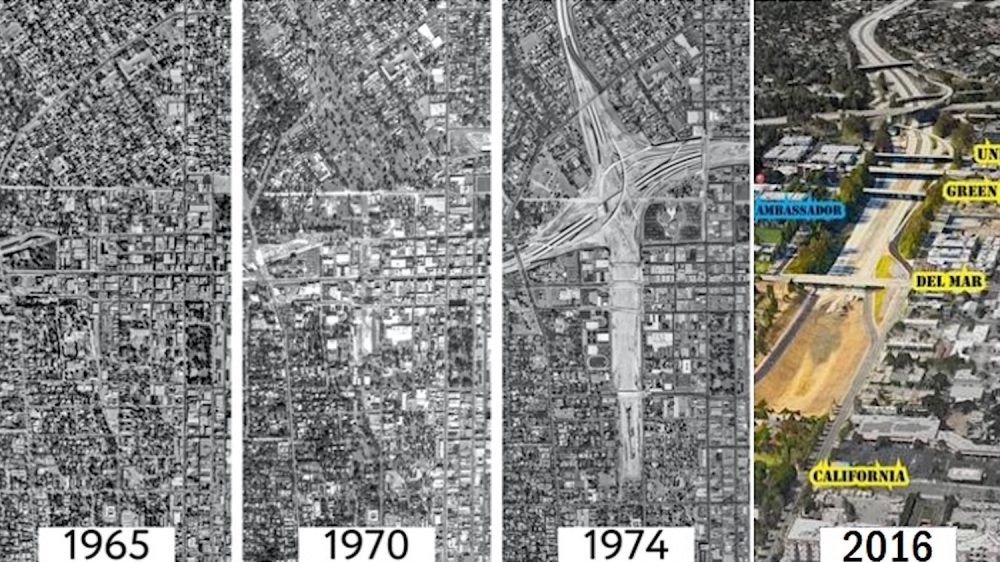 four aerial views of land from 1965 to 2016 showing demolition of neighborhood
