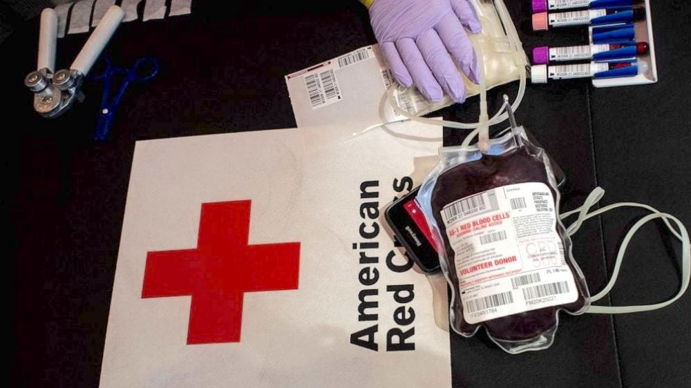 pint of blood in plastic bag at Red Cross donation center