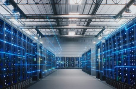 Interior of data technology center with servers and flashing lights
