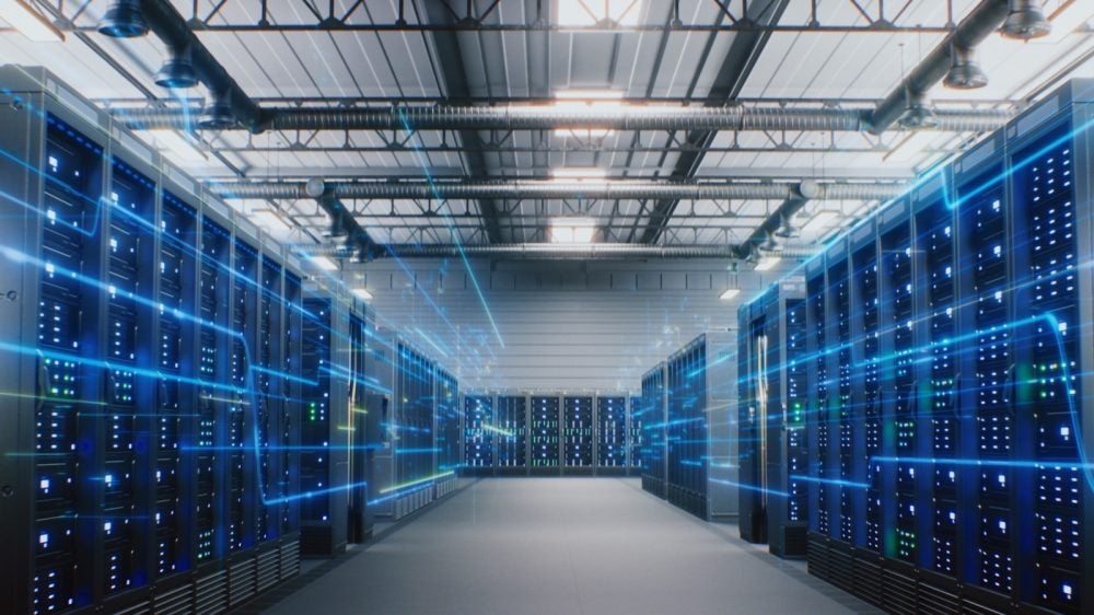 Interior of data technology center with servers and flashing lights