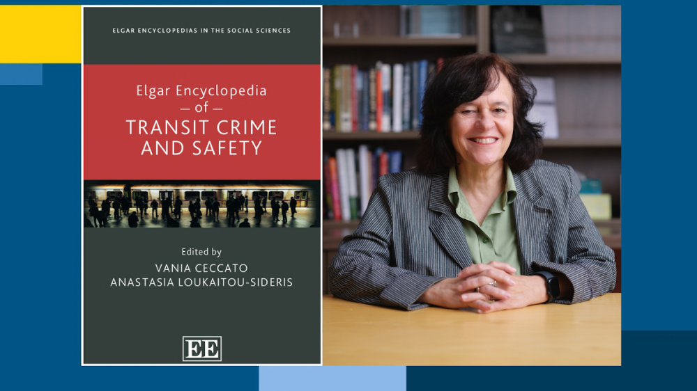 book cover on left, photo of woman with dark hair wearing jacket on right