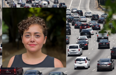 A headshot of a young man overlay a photo of cars driving on a highway. Alejandra Rios Gutierrez is a MURP graduate who received an award from the American Planners Association for her capstone project on transportation equality.|Alejandra Rios Gutiérrez MURP ’24 smiles at the camera as a professional headshot. She is honored for Award-Winning Research on Transportation Equity in the San Fernando Valley||A headshot of a young man overlay a photo of cars driving on a highway. Alejandra Rios Gutierrez is a MURP graduate who received an award from the American Planners Association for her capstone project on transportation equality.