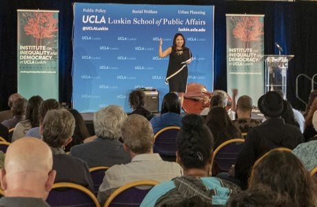 Ananya Roy, director of the Institute on Inequality and Democracy, speaks during the recent Luskin Lecture "Black, Brown, and Powerful: Freedom Dreams in Unequal Cities." Photo by Les Dunseith