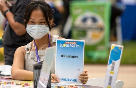 At the Block Party, a showcase for all UCLA Luskin has to offer, second-year graduate student Chheng Sim Bun shares information about the D3 Initiative. Photo by Stan Paul
