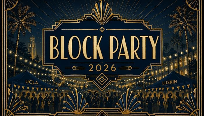 Block Party artwork in gold and black in art deco style